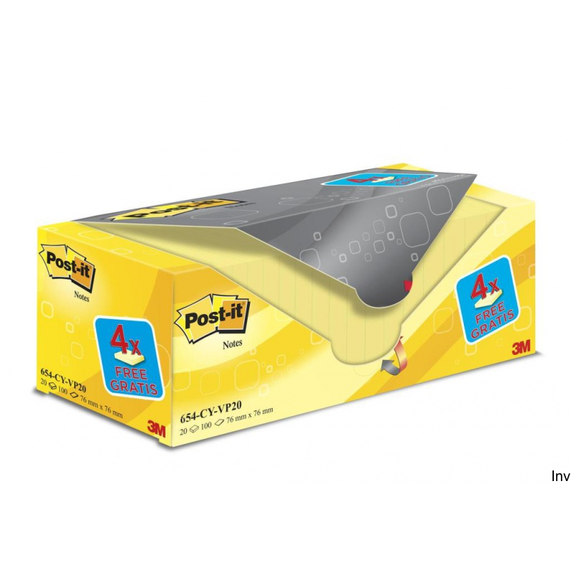 Bloczek samoprzylepny Post-It 3M, 76x76 mm, żółty, 20 sztuk (16+4), gramatura 70 g/m²
