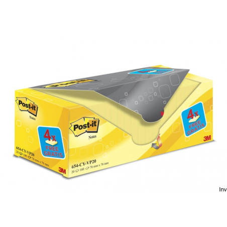 Bloczek samoprzylepny Post-It 3M, 76x76 mm, żółty, 20 sztuk (16+4), gramatura 70 g/m²