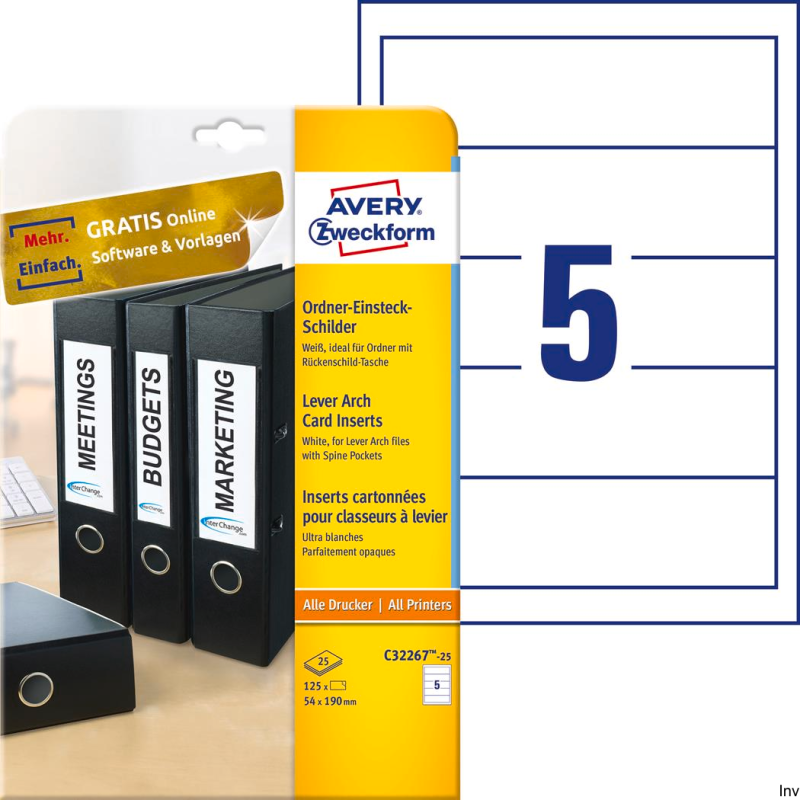 Wkłady do segregatorów Avery Zweckform 54x190 mm, 25 arkuszy, kolor biały