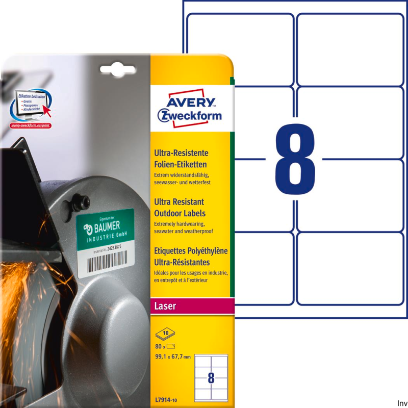Etykiety Avery Zweckform UltraResistant 99,1x67,7 mm, białe, polietylenowe, 10 arkuszy, 80 etykiet