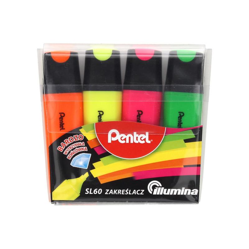 Zakreślacze płaskie Pentel SL60-4, 4 kolory, tusz wodny, końcówka 5.0 mm