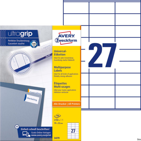 Etykiety uniwersalne Avery Zweckform 70 x 32 mm, 100 arkuszy, 2700 sztuk, białe, do druku atramentowego i laserowego