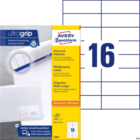 Etykiety uniwersalne Avery Zweckform 3484 105 x 37 mm, białe, 100 arkuszy, 1600 sztuk, do druku inkjet i laserowego