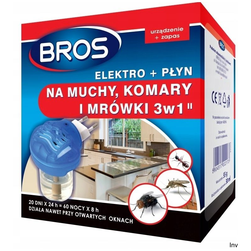 BROS elektryczny odstraszacz insektów z płynem na komary, muchy i mrówki