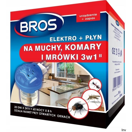 BROS elektryczny odstraszacz insektów z płynem na komary, muchy i mrówki