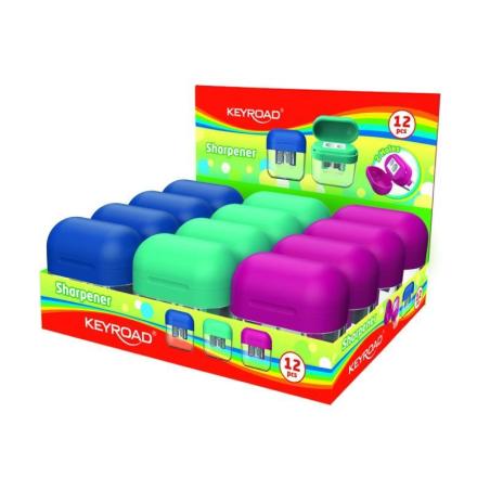 PAKIET Temperówka plastikowa KEYROAD, podwójna, z pojemnikiem, display, mix kolorów