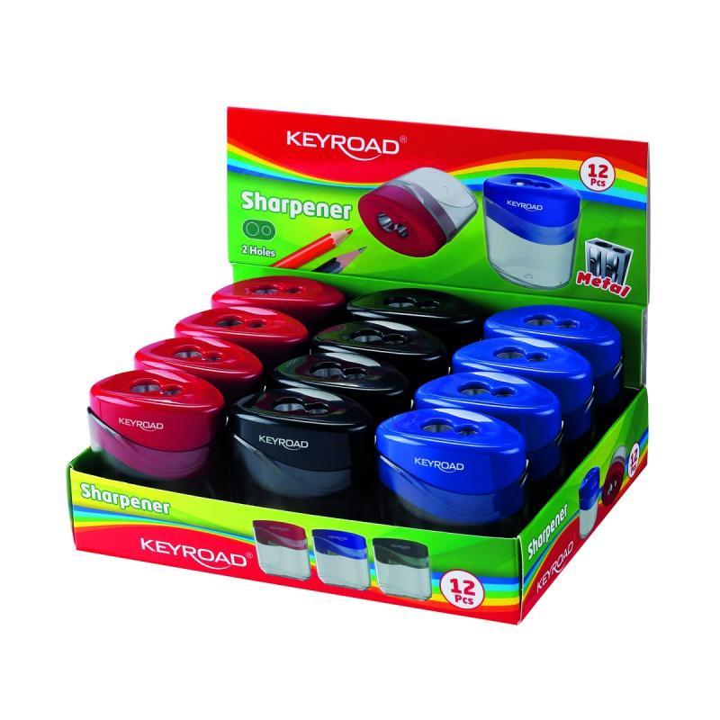 PAKIET Temperówka plastikowa KEYROAD, podwójna, z pojemnikiem, display, mix kolorów
