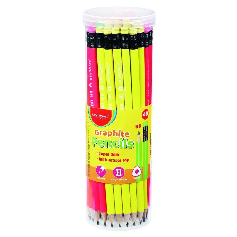 Ołówek drewniany z gumką KEYROAD, HB, trójkątny, fluoresencyjne, 48 szt., w tubie