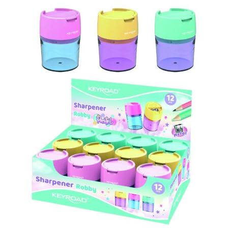 Temperówka plastikowa KEYROAD, pastel, podwójna, z pojemnikiem, display, mix kolorów, 12 szt. - 1