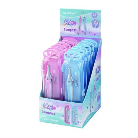 Cyrkiel plastikowy KEYROAD, pastel, z ołówkiem, w etui, display, mix kolorów, 12 szt. - 1