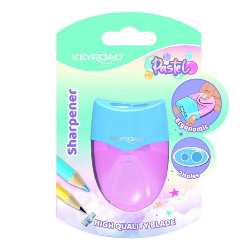 Temperówka plastikowa KEYROAD, pastel, podwójna, z pojemnikiem, blister, mix kolorów - 1