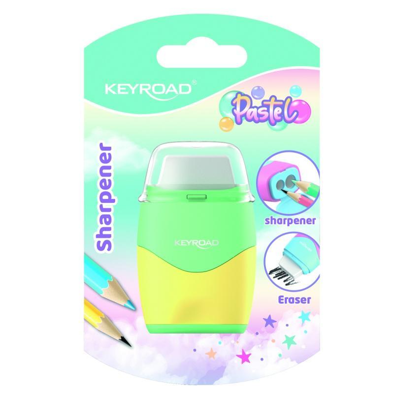 Temperówka plastikowa z gumką KEYROAD, pastel, podwójna, blister, mix kolorów - 1