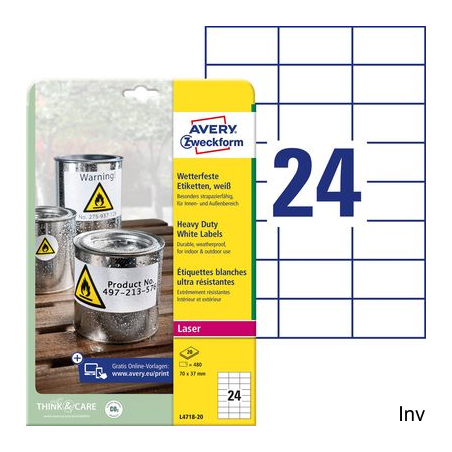 Etykiety uniwersalne, 70x36mm, A4, 10 ark./op., białe, AVERY ZWECKFORM UltraGrip, 6122 - 1