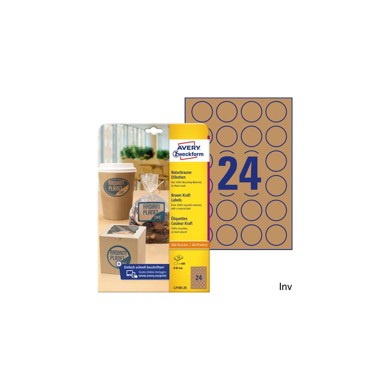 Brązowe etykiety na produkty, A4, 25 ark./op., Q40 mm, okrągłe, AVERY ZWECKFORM, L7105-25 - 1