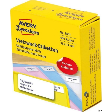Białe minietykiety Avery Zweckform 38 x 14 mm, 400 sztuk w dyspenserze do opisywania ręcznego