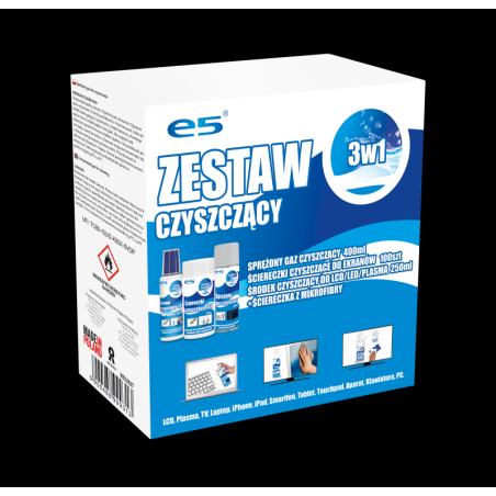 Zestaw czyszczący E5, chusteczki do LCD, sprężone powietrze, płyn ze ściereczką z mikrofibry