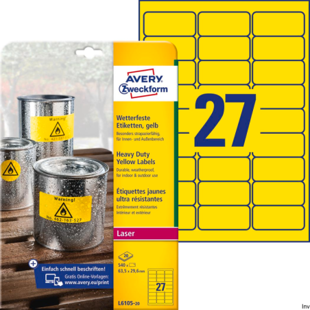 Etykiety Avery Zweckform Heavy Duty 63,5 x 29,6 mm, żółte, 20 arkuszy, do druku laserowego i atramentowego
