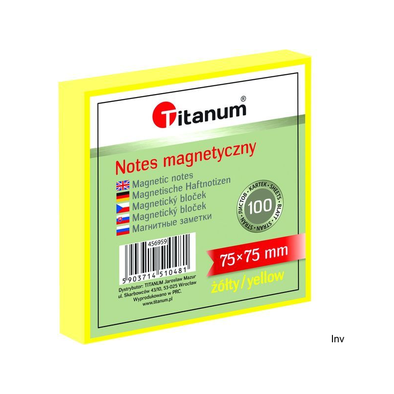 Titanum notes elektrostatyczny 75x75mm 100 karteczek żółty 456959