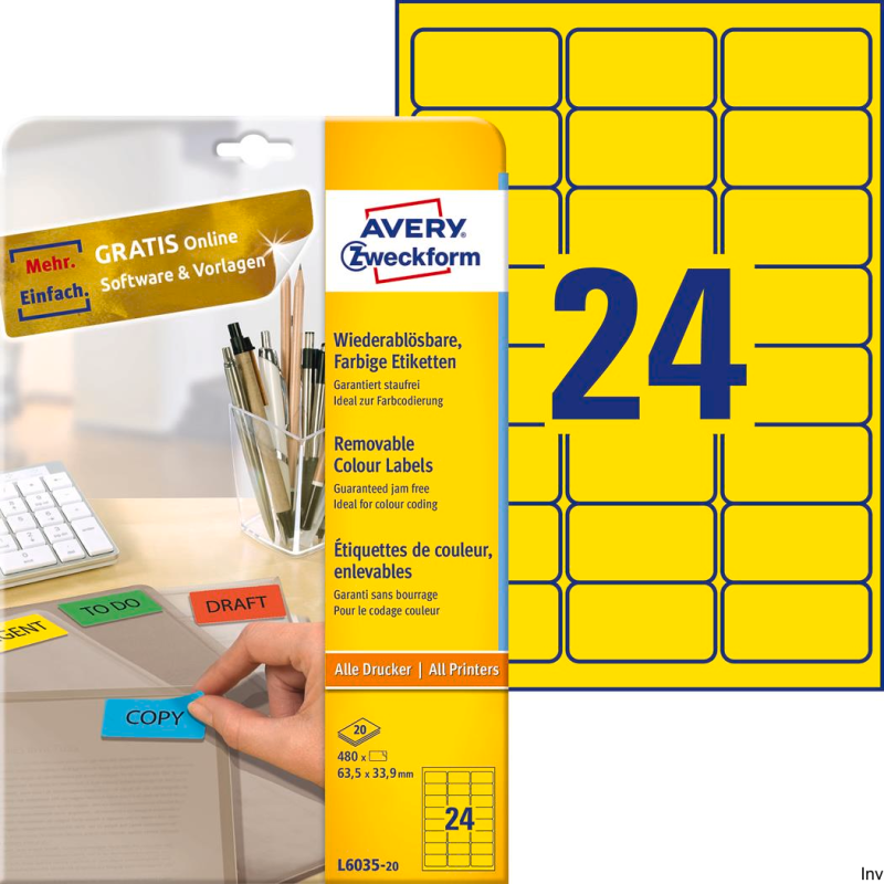 Etykiety żółte Avery Zweckform L6035-20 63,5 x 33,9 mm, 20 arkuszy, usuwalne, do drukarek INK JET i LASER