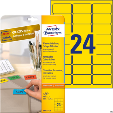 Etykiety żółte Avery Zweckform L6035-20 63,5 x 33,9 mm, 20 arkuszy, usuwalne, do drukarek INK JET i LASER