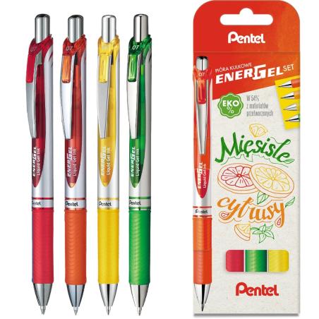 Pióro kulkowe Pentel EnerGel 0,7 mm, zestaw 4 kolorów Mięsiste Cytrusy BL77-ST4BFGKPL