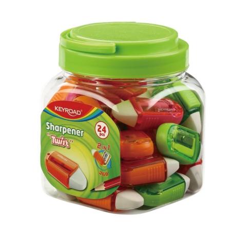 PAKIET Temperówka plastikowa KEYROAD z gumką, Twist, pojedyńcza, w plastikowej tubie