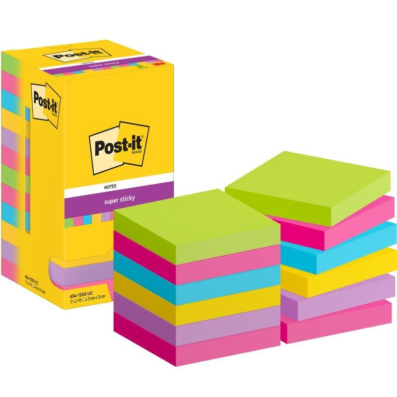 Bloczek samoprzylepny POST-IT Super sticky, 76x76mm, 12x90 kart., mix kolorów