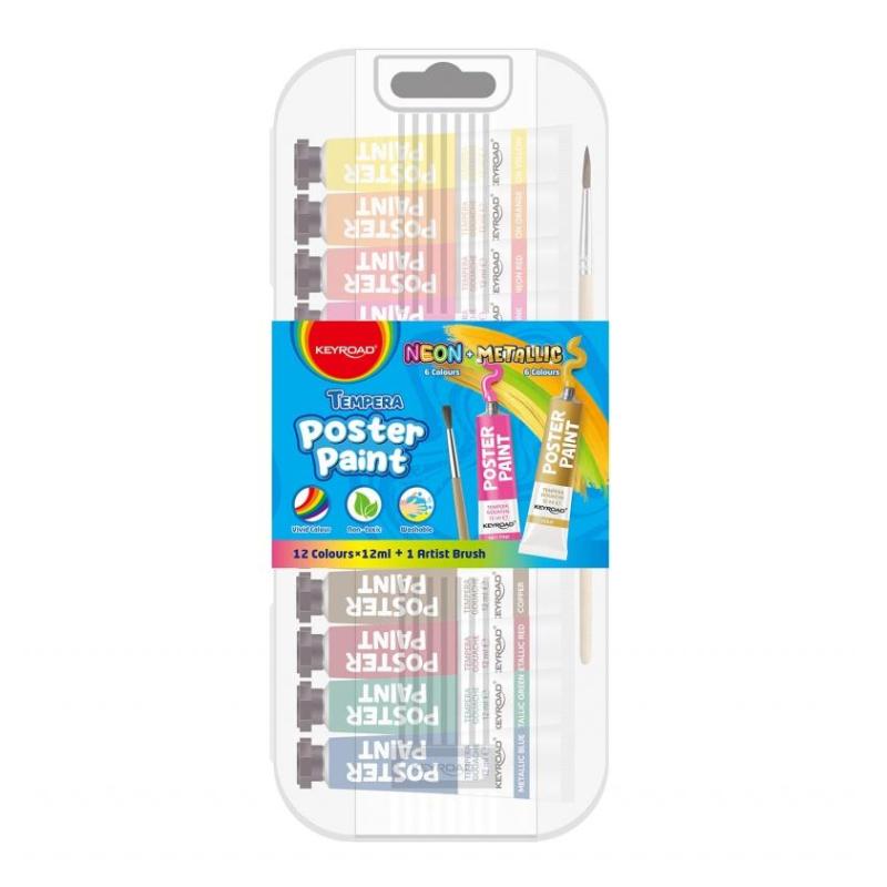 Farby plakatowe KEYROAD, 12x12ml, pędzelek gratis, mix kolorów metalicznych i neonowych