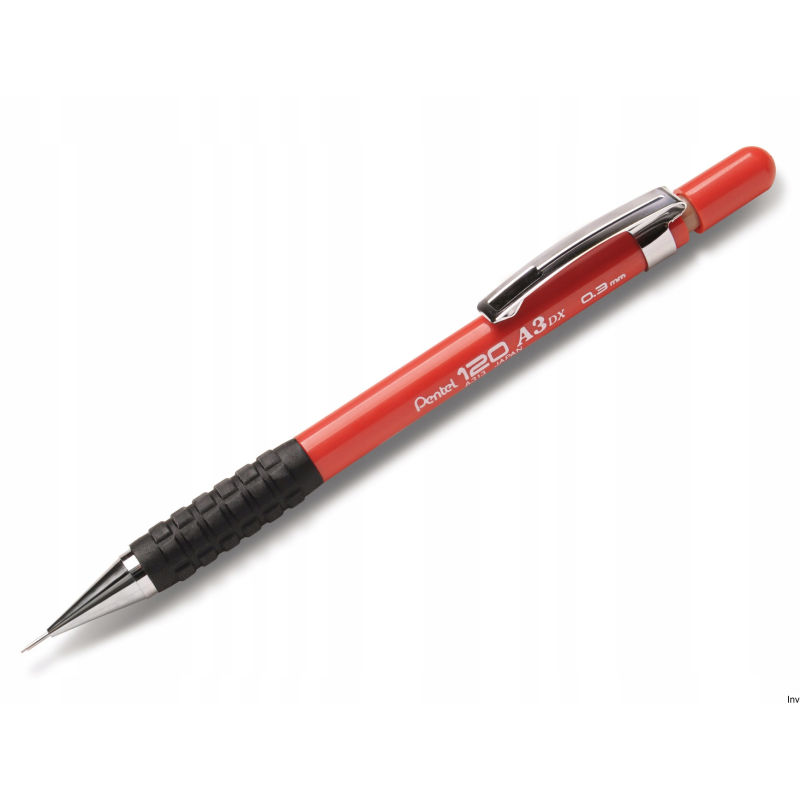 Ołówek automatyczny 0,3 mm czerwony Pentel A313-B z gumką i wymiennymi grafitami HB