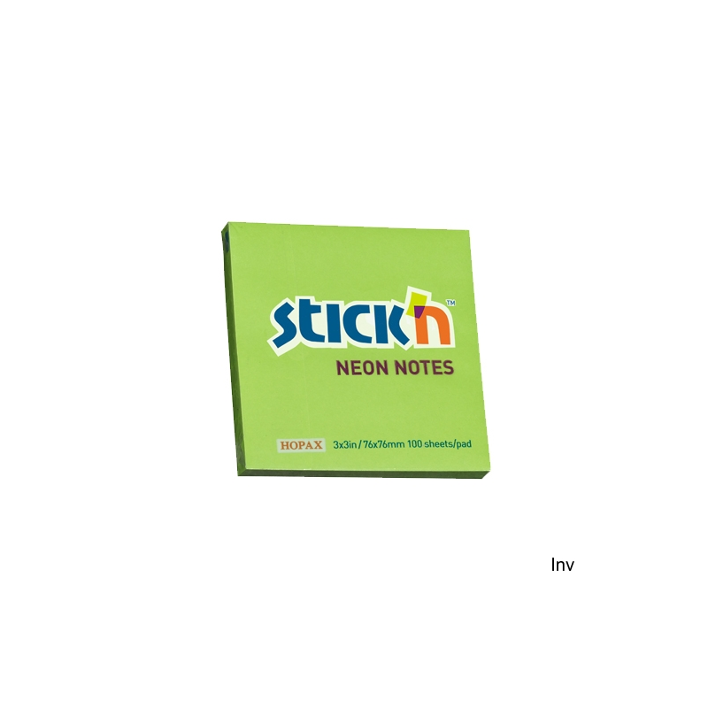 Bloczek samoprzylepny StickN 76x76mm zielony neonowy 100 sztuk