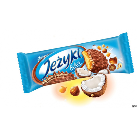 Jutrzenka Ciastka Jeżyki Kokos 140g - kruche herbatniki w mlecznej czekoladzie z orzechami i kokosową nutą