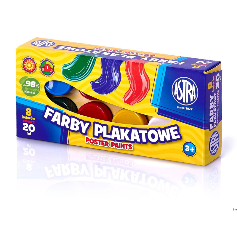 Farby plakatowe Astra 8 kolorów 20 ml, wodne, matowe, do papieru, kartonu, drewna, ceramiki, kamienia