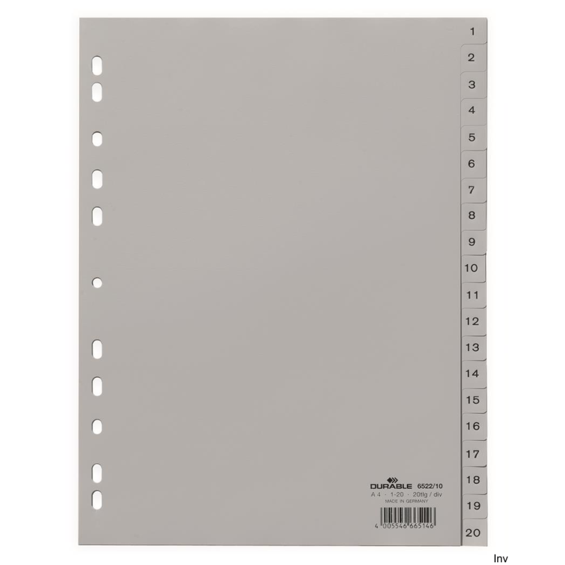 Durable Przekładki PP A4 szare z nadrukiem indeksu 1-20, 20 sztuk