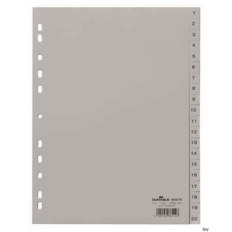 Durable Przekładki PP A4 szare z nadrukiem indeksu 1-20, 20 sztuk