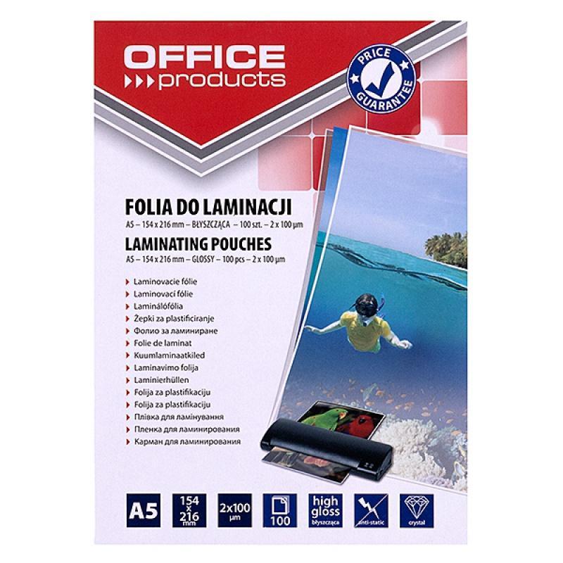 Folia do laminowania OFFICE PRODUCTS, A5, 2x100mikr., błyszcząca, 100szt., transparentna