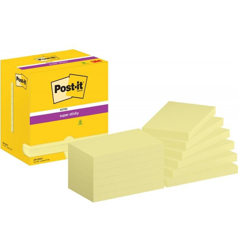 Karteczki samoprzylepne POST-IT Super Sticky (655-S), 127x76mm, 12x90 kartek, jaskrawo żółte