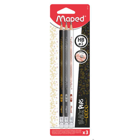 Ołówek z gumką Maped Black"Peps DECO HB 3 sztuki blister, trójkątny, wzory metaliczne