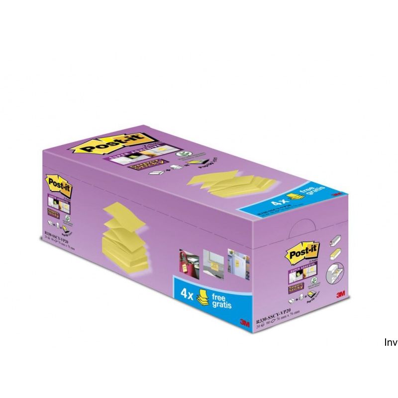Bloczek samoprzylepny Post-It Super Sticky Z-Notes 76x76mm, 16x90 sztuk, żółty, 4 bloczki gratis