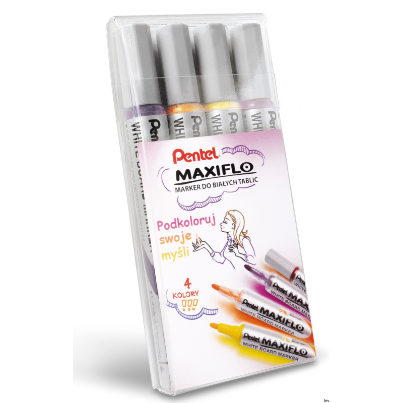 Markery suchościeralne Pentel MAXIFLO 4 sztuki fioletowy, brązowy, żółty, pomarańczowy 4 mm