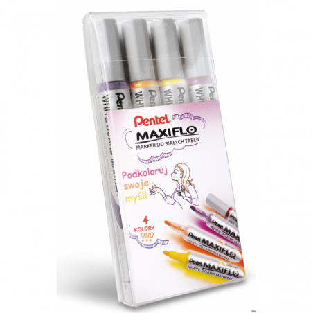 Markery suchościeralne Pentel MAXIFLO 4 sztuki fioletowy, brązowy, żółty, pomarańczowy 4 mm