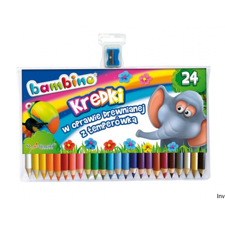 Kredki Bambino w drewnie 24 kolory 15 cm z temperówką