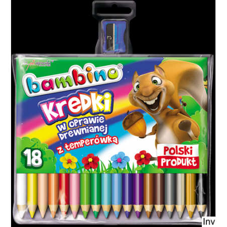 Kredki trójkątne Bambino 18 kolorów z temperówką w oprawie drewnianej